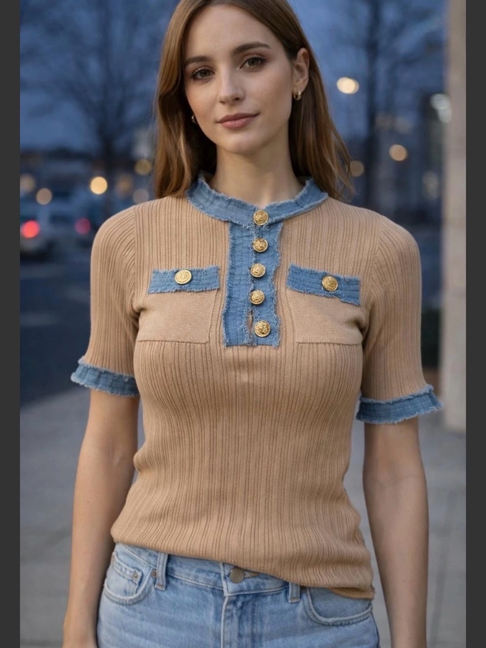FR22. From Paris Ribbed Knit Short-Sleeve Top with denim trim (assorted) - Picture 1 of 1